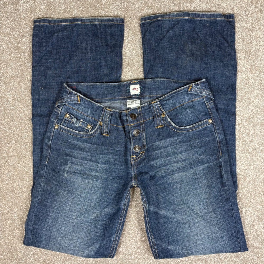 H2J Production Women Blue Flare Jeans Low Rise Button Fly Size 9/10 Y2K Denim